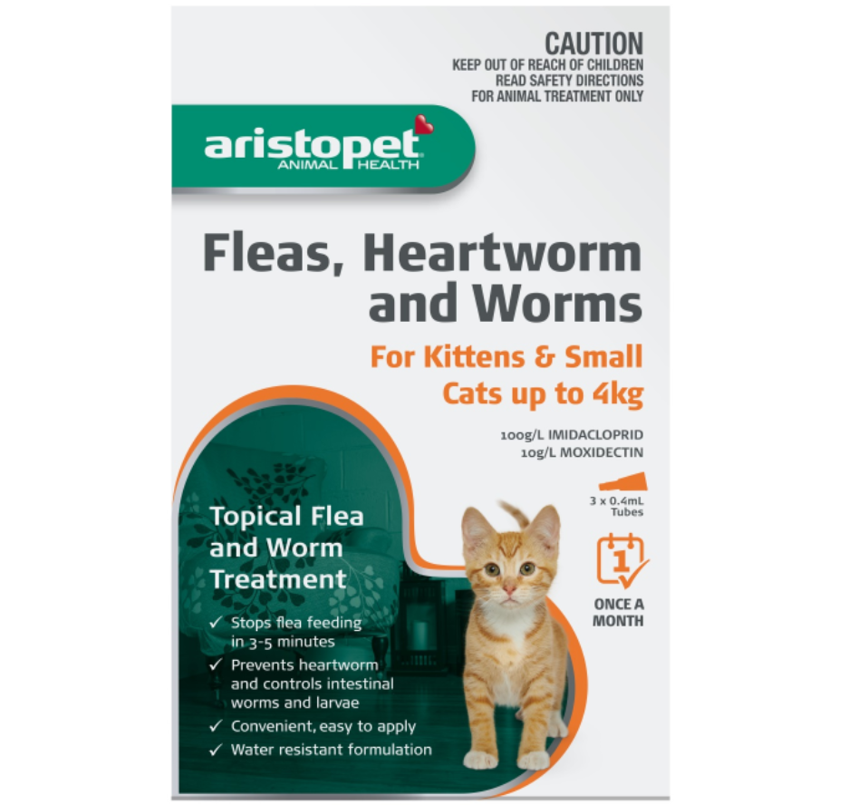 Aristopet Fleas, Heartworm and Worms Topical Treatment for Kittens and Small cats up to 4kg (3 pack)